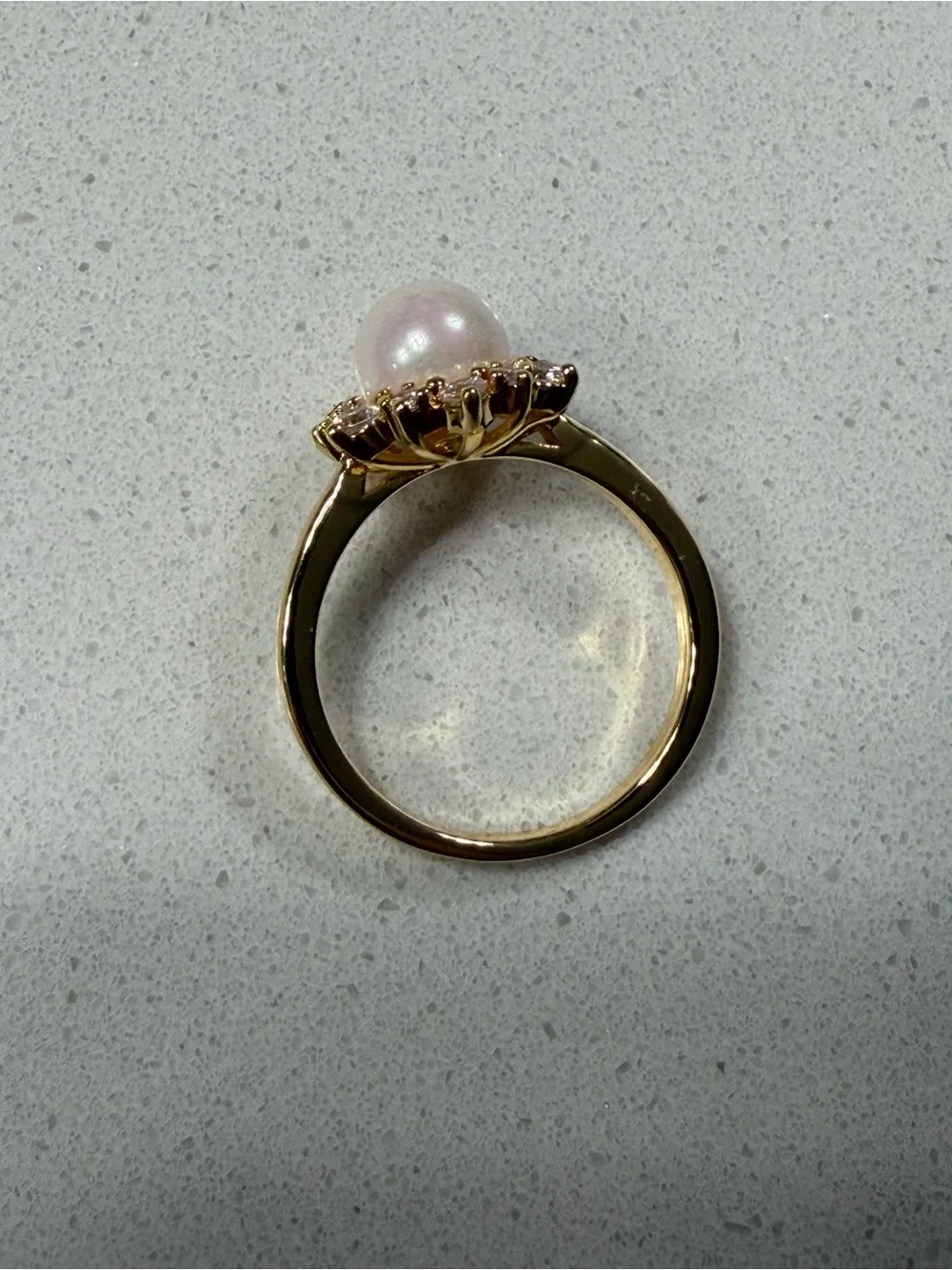 GoldOro Elegant Faux Pearl and AAA CZ Halo Ring